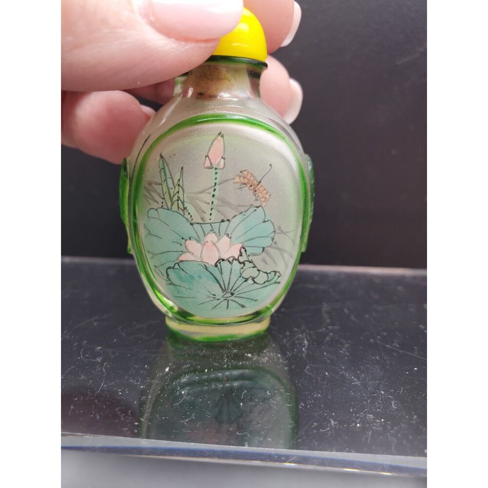 Antique Hand Painted Chinese Glass 3" Snuff Bottle - Scenery Flowers Tree Man - Picture 3 of 7